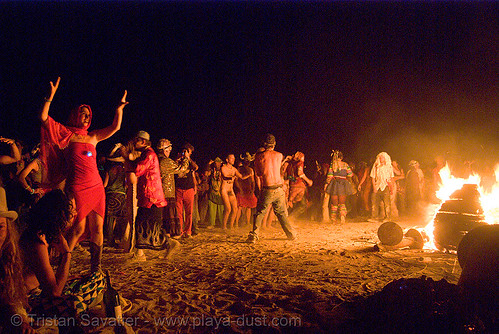 burning man - burners dancing around the fire, burning man at night, fire, night of the burn