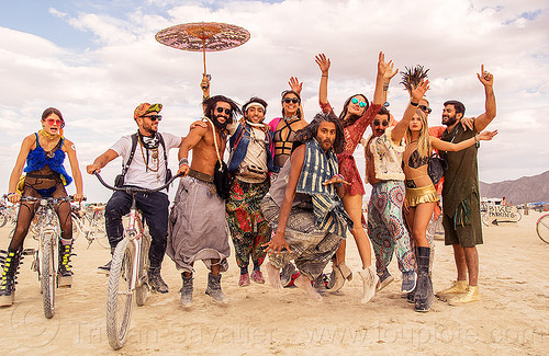 burning man - burners jumping on the playa, danielle, jump shot, men, umbrella, woman