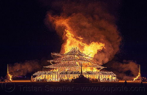 burning man - burning temple collapses, burning man at night, fire