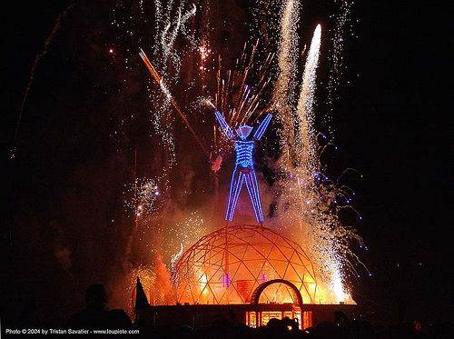 burning man - burning the man, burning man at night, fire, fireworks, night of the burn, pyrotechnics, the man