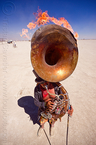 burning man - burning tuba player, burning band, david, fire, marching band, music, musician, sousaphone, tuba player