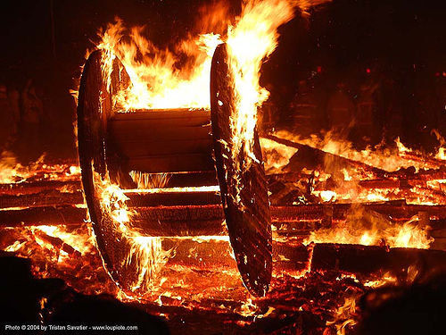 burning man - cable wheel burning, burning man at night, cable wheel, fire, night of the burn