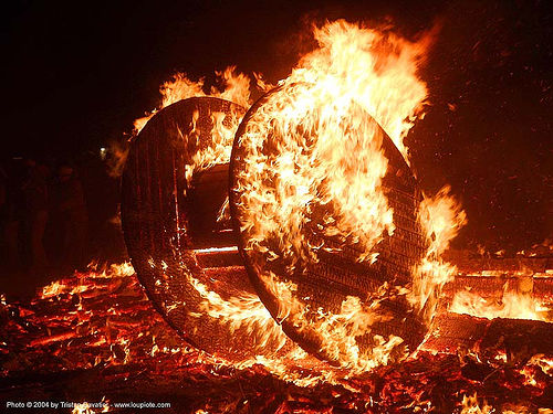 burning man - cable wheel burning, burning man at night, cable wheel, fire, night of the burn