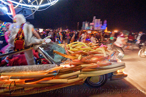 burning man - cadillac art car, art car, burning man art cars, burning man at night, cadillac, chicken car, loki, mutant vehicles, rooster