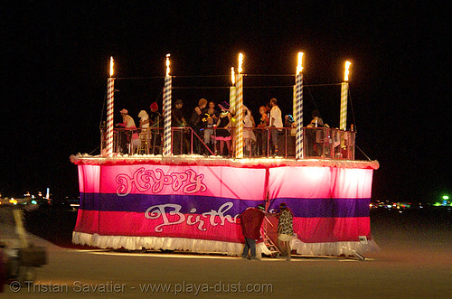 burning man - cakewalk aka happy birthday, art car, birthday cake, burning man art cars, burning man at night, cakewalk, candles, flight to mars, mutant vehicles