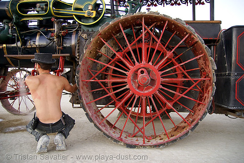 burning man - case traction steam engine hortense, art car, burning man art cars, hortense, mutant vehicles, spoked wheel, steam engine, steam tractor, steampunk