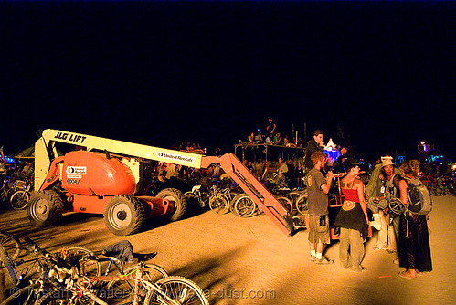 burning man - cherry picker, aerial lift, boom lift, burning man at night, cherry picker, crane, padawan