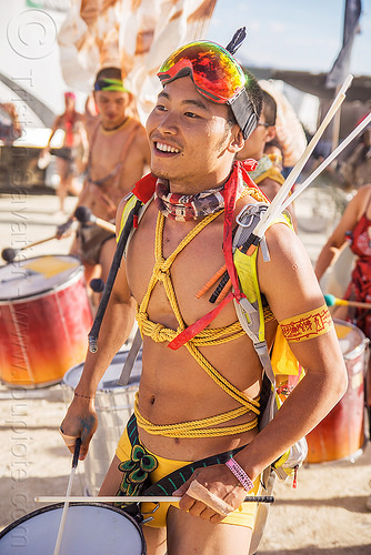 burning man - chinese drummer - mazu marching band, attire, brazilian drums, burning man outfit, drummers, marching band, mazu camp, samba reggae