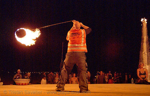 burning man - chris (controlled burn of reno) on the shiva vista stage, burning man at night, chris, controlled burn, fire performer, fire spinning, shiva vista stage, spinning fire