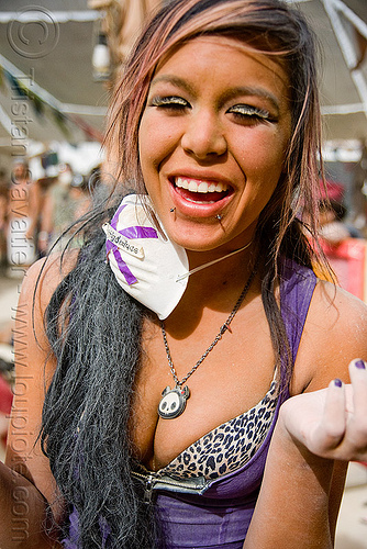 burning man - chrissy, asian woman, chrissy, dust mask, dusty, eyelashes, lip piercing, panda necklace, piercong, snake bites piercing