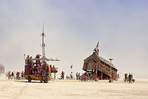 burning man - clock ship tere near church trap, art car, art installation, burning man art cars, c.s. tere, church trap, clock ship tere, mutant vehicles, rebekah waites, the lost machine