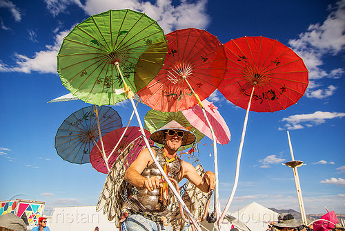 burning man - colorful japanese umbrellas, asian conical hat, colorful, japanese umbrellas, man, red, trike
