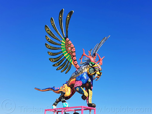 burning man - colorful mythological flying animal sculpture, art installation, colorful, sculpture, statue