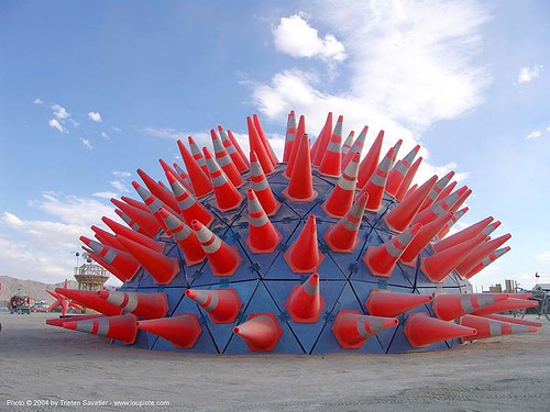 burning man - cone camp, art installation, cone camp, geodesic dome, road cones, spiky, traffic cones