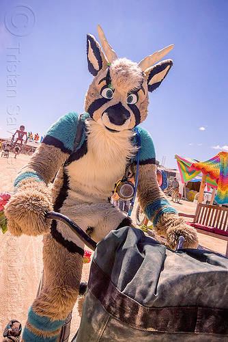 burning man - cosplay furry creature, animal costume, antler tango, attire, bicycle, burning man outfit, cosplay, deer, fur, furry, riding