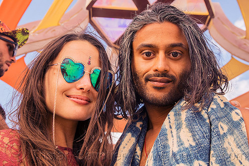 burning man - couple, heart sunglasses, man, mirror sunglasses, woman