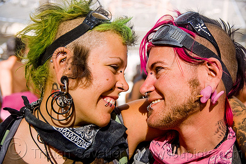 burning man - couple - lovers, chance flash lightning, ear piercing, goggles, jewelry, man, pink, sky nebeulah, woman