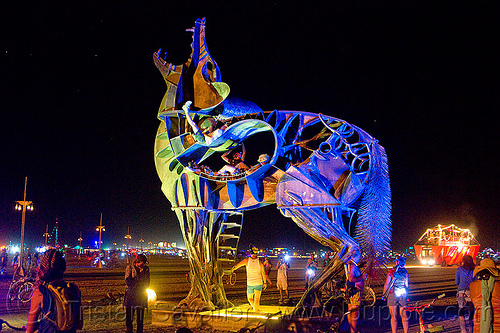 burning man - coyote at night, art installation, bryan tedrick, burning man at night, coyote sculpture, metal sculpture, statue