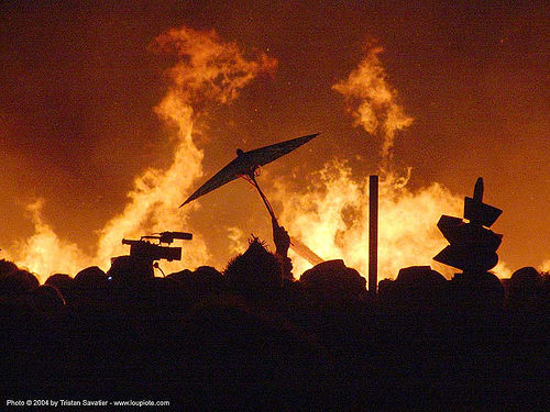 burning man - crowd and fire - night of the burn, backlight, burning man at night, crowd, fire, night of the burn, silhouette, umbrella