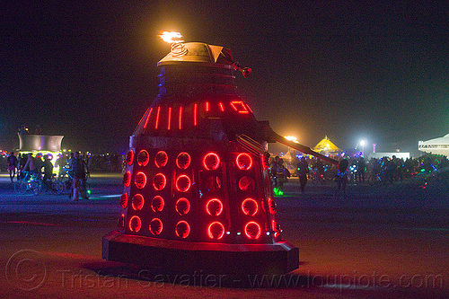 burning man - dalek, burning man art cars, burning man at night, dalek art car, glowing, mutant vehicles, red