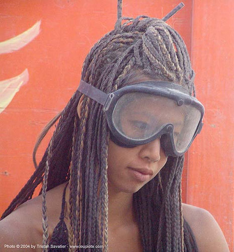 burning man - damiana with dust goggles, damiana, goggles