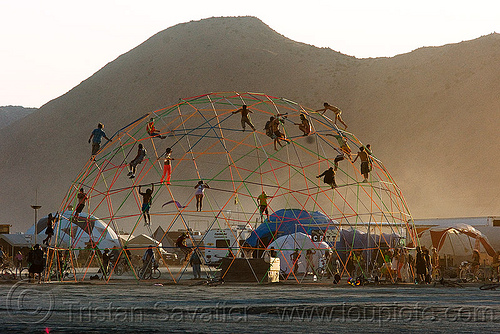 burning man - darwin dome at sunset - geodesic dome, darwin dome, geodesic domes, hippie killer, overkill, tetrion