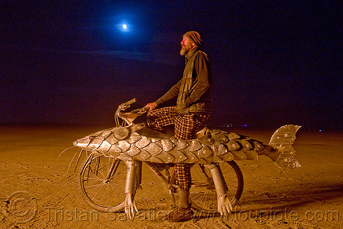 burning man - darwin fish bicycle - fish bike, art car, burning man art cars, burning man at night, darwin fish, doug, fish bicycle, fish bike, full moon, mutant vehicles, walking fish