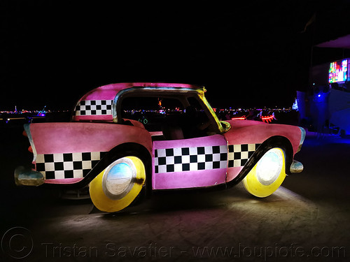 burning man - deep playa taxi art car, burning man art cars, burning man at night, deep playa taxi, mutant vehicles, taxi art car