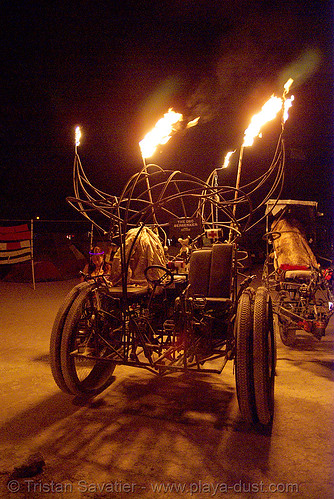 burning man - department of spontaneous combustion, art car, burning man art cars, burning man at night, department of spontaneous combustion, dsc, fire tricycle, fire trike, mutant vehicles, three wheeler