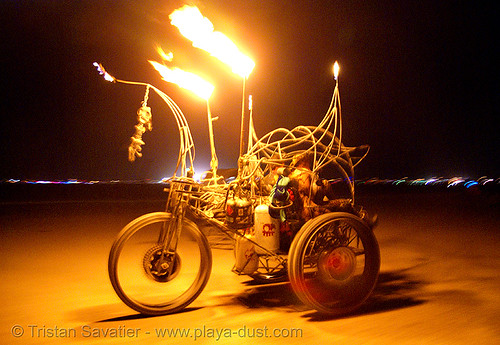 burning man - department of spontaneous combustion, art car, berzerker, burning man art cars, burning man at night, department of spontaneous combustion, dsc, fire tricycle, fire trike, mutant vehicles, three wheeler