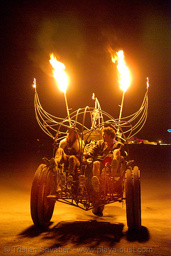 burning man - department of spontaneous combustion, art car, burning man art cars, burning man at night, department of spontaneous combustion, dsc, fire tricycle, fire trike, mutant vehicles, three wheeler