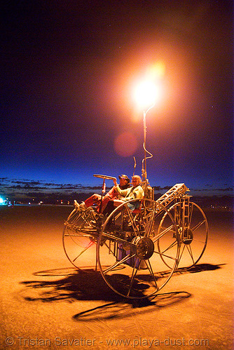 burning man - department of spontaneous combustion, art car, burning man art cars, burning man at night, department of spontaneous combustion, dsc, fire tricycle, fire trike, mutant vehicles, three wheeler