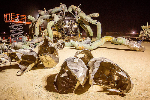 burning man - disassembling medusa madness, art installation, head, kevin clark, medusa madness, sculpture, snakes, steel