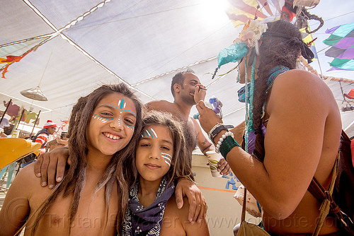 burning man - dreadlocks kids with warrior face paint, boys, brothers, children, dad, dreadlocks, face paint, face painting, father, kids, man