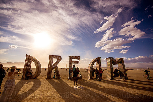 burning man - dream - giant letters - big words, art installation, big words, dream, metal sculpture, steel