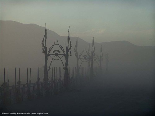 burning man - dusk - temple, burning man temple, dusk, haze, hazy