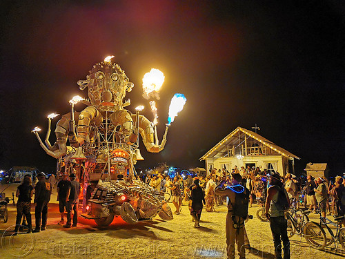 burning man - el pulpo mecanico and the front porch, burning man art cars, burning man at night, el pulpo mecanico, mutant vehicles, octopus art car, the front porch