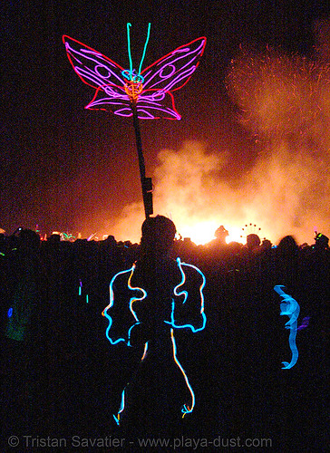 burning man - el-wire butterfly, burning man at night, butterfly wings, el-wire, electroluminescent wire, fire, glowing, night of the burn