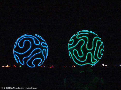 burning man - el-wire hats, brains, burning man at night, el-wire, electroluminescent wire, glowing, hats