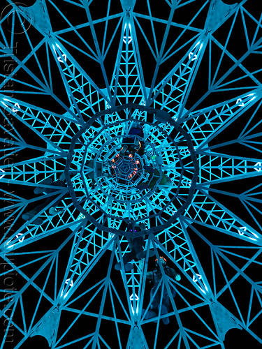 burning man - elevation tower at nigh - view from under, art installation, burning man at night, climbing, elevation tower, glowing, interactive, michael christian, sculpture