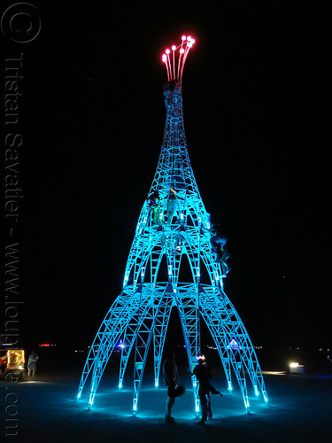 burning man - elevation tower at night, art installation, burning man at night, climbing, elevation tower, glowing, interactive, michael christian, sculpture