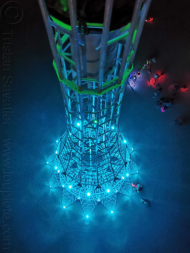 burning man - elevation tower at night - view from top, art installation, burning man at night, climbing, elevation tower, glowing, interactive, michael christian, sculpture