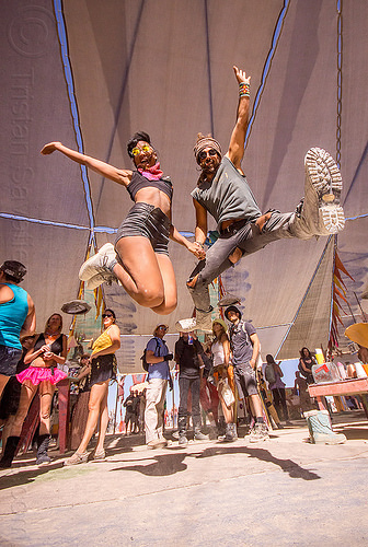 burning man - emi and nicolas jumping at center camp, boot, jump, jumpshot, man, woman