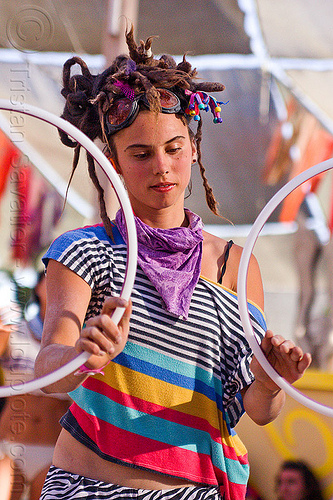 burning man - erika with mini hoops, bandana, dreadlocks, erika, goggles, hooping, mini hoops, stripes