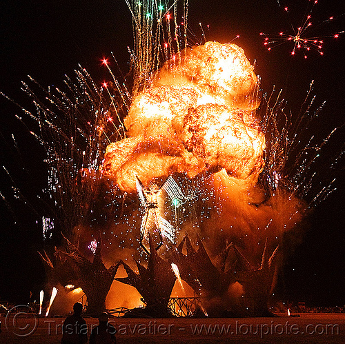 burning man - explosion and fireworks - blowing up "the man" with a big explosion, ball of fire, bleve, burning man at night, fire ball, fireworks, night of the burn, pyrotechnic explosion, pyrotechnics, the burning man, the man burning
