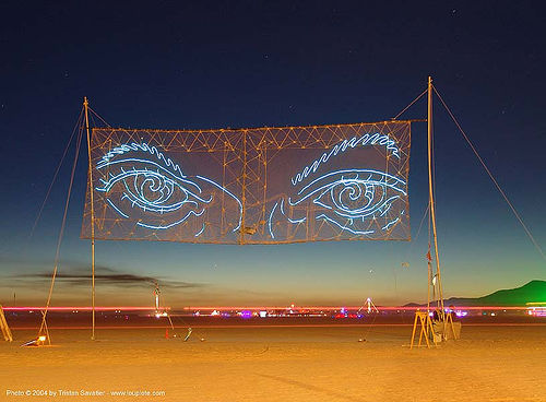 burning man - eyes of gawd, art installation, burning man at night, eyes of gawd, glowing