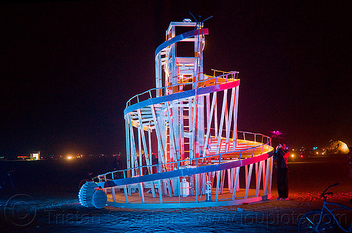 burning man - fiery spiral, art installation, burning man at night, c.o.r.e., circle of regional effigies, core project, hatchery, spiral