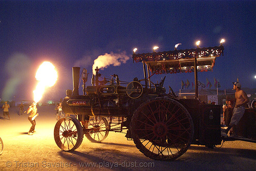 burning man - fire breather and kinetic steam works' case traction engine hortense, art car, back light, burning man art cars, burning man at night, fire breather, fire breathing, fire eater, fire eating, mutant vehicles, steam engine, steam tractor, steampunk