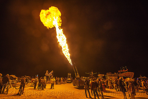 burning man - fire cannon art car at night, burning man art cars, burning man at night, fire cannon, mutant vehicles, unidentified art car