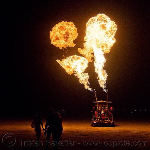 burning man - fire cannon - flameall tractor, burning man at night, car 2009, fire, flameall tractor, sa, steve atkins